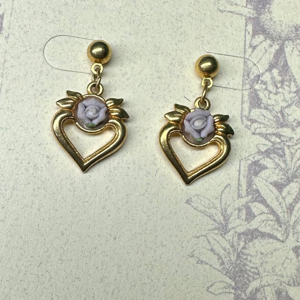 Vintage Brass and Clay Heart Drop Dangle Pierced Earrings